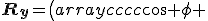 \mathbf{R_{y}}=\left(\begin{array}{cccc}
cos \phi & 0 & sin \phi & 0 \\
0 & 1 & 0 & 0 \\
- sin \phi & 0 & cos \phi & 0 \\
0 & 0 & 0 & 1 \\
\end{array}\right)
